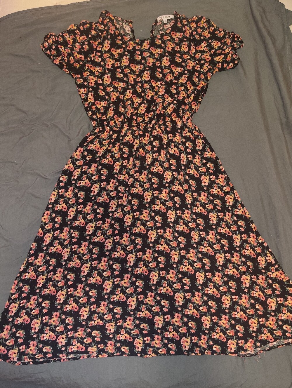Black Floral Midi Dress with Pink Floral Print